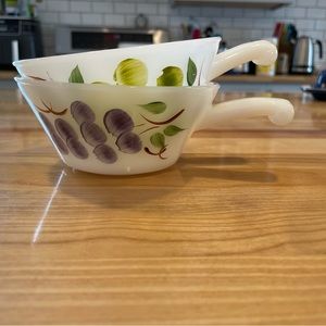 Two vintage Fire King bowls with grape painterly design. 8 ounces.